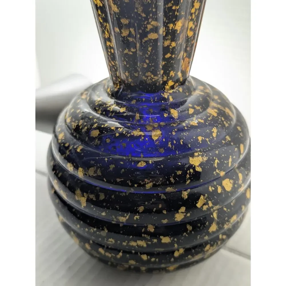 Vintage Cobalt Blue Spatter Speckle Glass Fluted Ribbed Vase